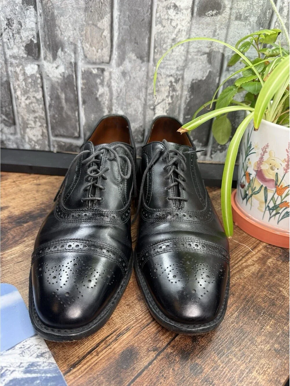 Vintage Allen Edmonds Bench Welt Black Cap Toe Medallion Oxford Dress Shoes Men